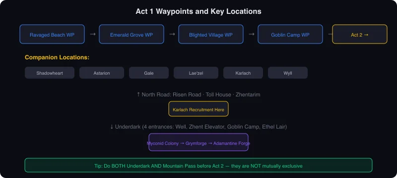 BG3 Act 1 Map: All waypoint locations in the Wilderness region including Emerald Grove, Blighted Village, and Goblin Camp