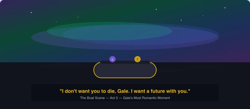 Gale Romance: The boat scene under an aurora in Baldur's Gate — Gale's most romantic moment